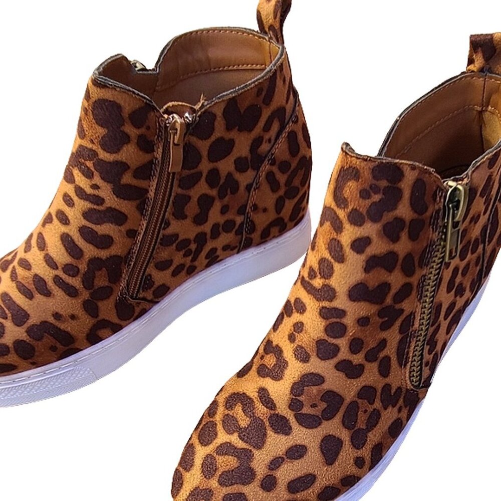 BAMBOO Leopard Print Faux Suede Wedge Sneakers – Dual Zipper Women's Ankle Boots - Picture 5 of 8